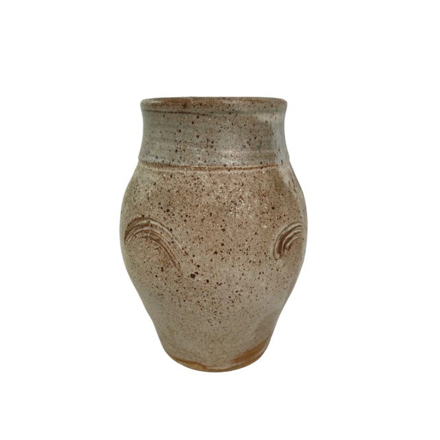 Handmade mid-century studio pottery vase with sgraffito motif. Signed "Mark '90".