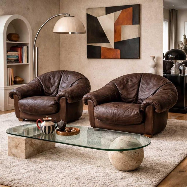 Late 20th Century Slouchy Overstuffed Leather Lounge Chairs in Chocolate Brown - Pair For Sale - Image 15 of 18