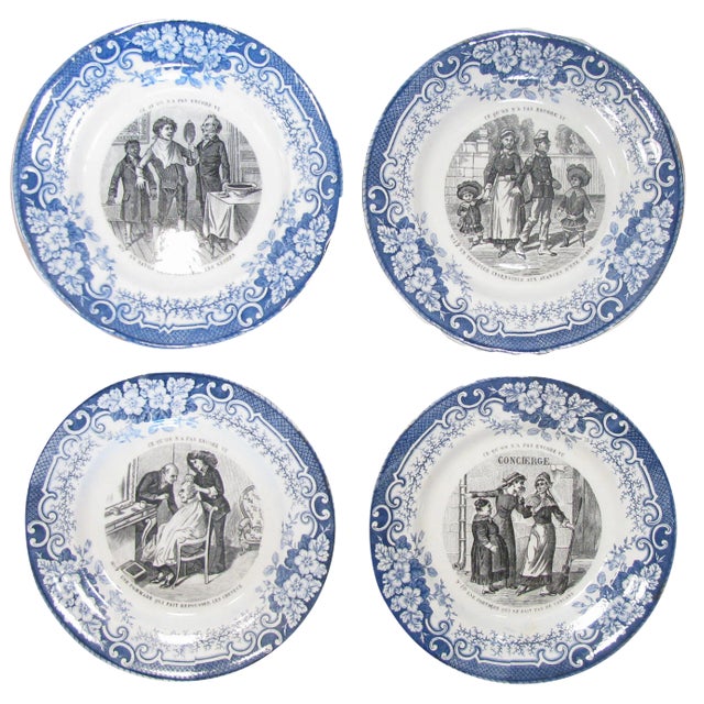 19thC. French Blue & White Transferware Plates, Set of 4 For Sale