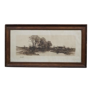 Antique Panoramic Country Farmhouse Church Steeple River Landscape Etching 30" For Sale