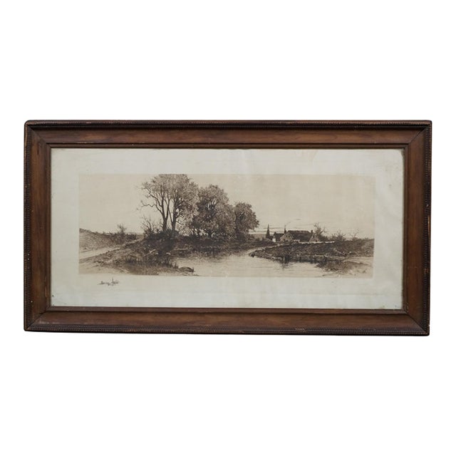 Antique Panoramic Country Farmhouse Church Steeple River Landscape Etching 30" For Sale