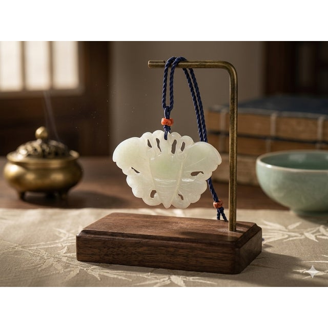 White Chinese White Stone Carved Butterfly Shape Pendant Display Art For Sale - Image 8 of 8