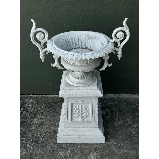 Vintage Regency Painted Wrought Iron Urn on Pedestal For Sale In West Palm - Image 6 of 12