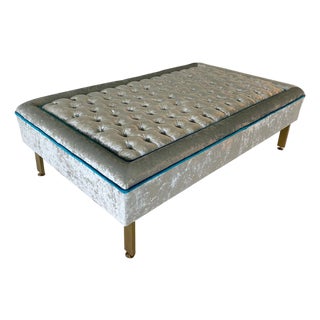 Large Italian Tufted Ottoman in Grey Velvet and Brass, 1950s For Sale