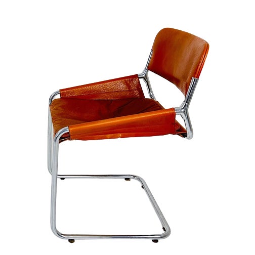 Italian Cognac Leather and Chrome Tubular Sling Chair, 1970s For Sale