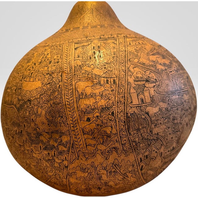Sienna Mid 20th Century Large Peruvian Folk Art Mate Burilado Hand-Carved Storytelling Gourd For Sale - Image 8 of 11