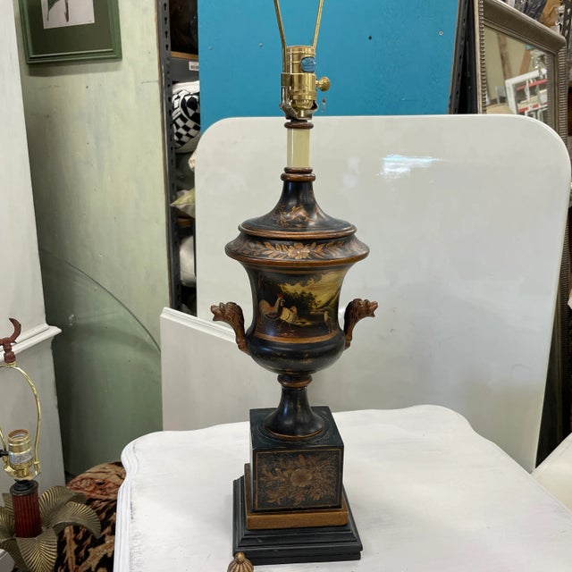 Vintage Black Metal Urn Lamp With Painted Scene For Sale - Image 10 of 12