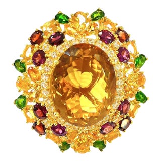 Bochic Vintage 7ct Lemon Citrine Multi-Gem & Diamond Cocktail Ring in 18K Gold For Sale