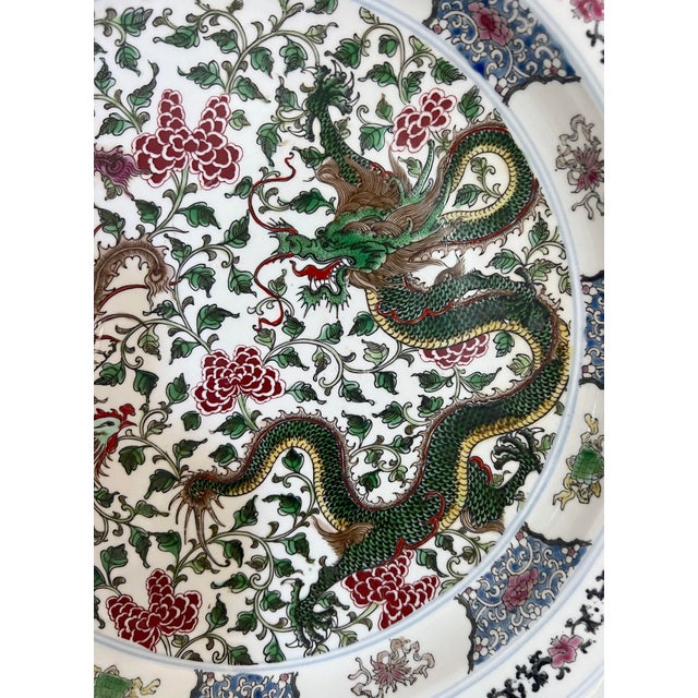 Wood The Green Dragon & Phoenix Charger, Large Chinese Porcelain Plate / Bowl 18" With Wood Display Stand For Sale - Image 7 of 11
