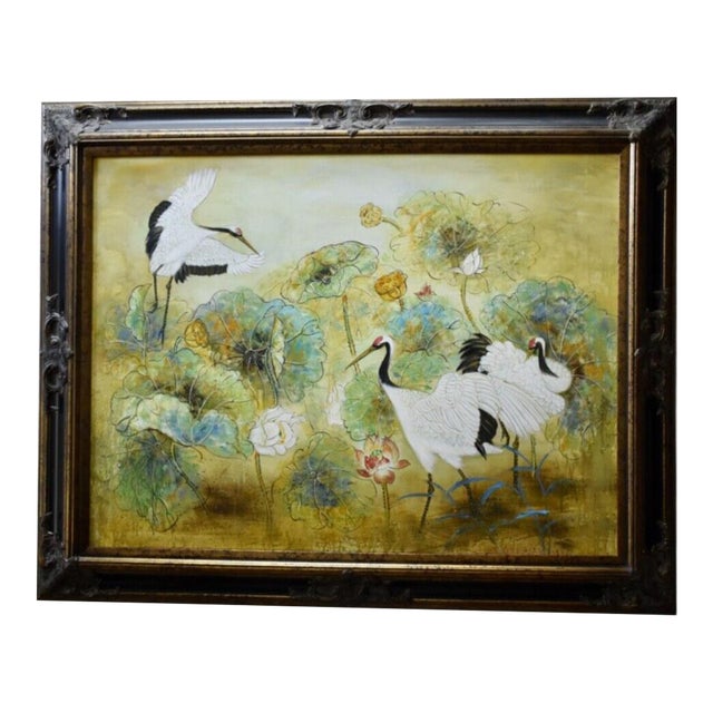 Vintage Large Heron Birds and Floral Oil Painting in Ornate Black/Gold Frame For Sale