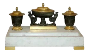 19th Century French Empire Gilt & Patinated Bronze on White Marble Encrier or Inkwell
