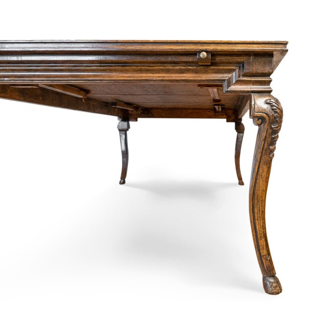 1990s Solid Wood Parquet Dining Table With Cabriole Legs & Hoof Feet – 3 Leaves For Sale - Image 15 of 17