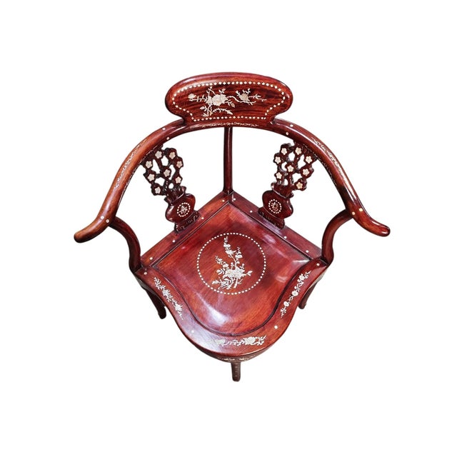 Chinoiserie Mid 20th Century Ming Style Chinese Mother of Pearl Inlay Corner Chairs - A Pair For Sale - Image 3 of 7