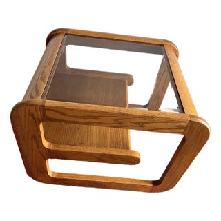 1970s Attributed to Lou Hodges for Mersman Oak Side Table with Smoked Glass Top For Sale