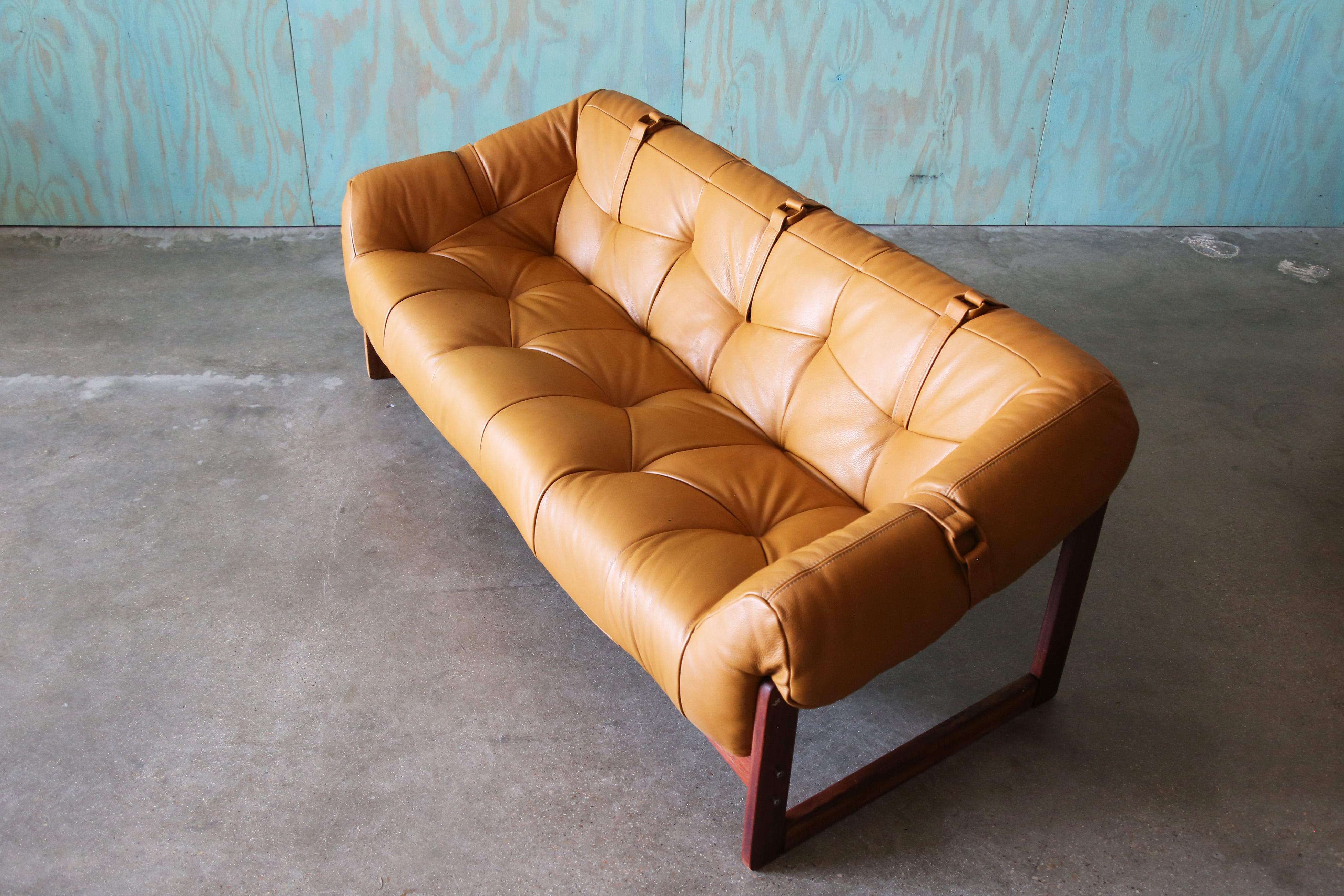 Percival Lafer Mp-91 Sofa: Jatoba Wood & Caramel Leather, Mid