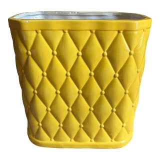 Vintage Mid Century Yellow Porcelain Wastebasket For Sale