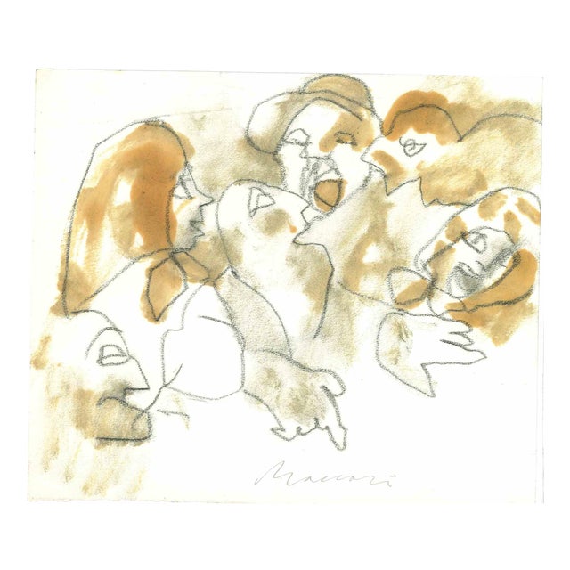 Mino Maccari, Conviviality, Charcoal & Watercolor, Mid-20th Century For Sale