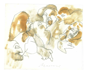 Mino Maccari, Conviviality, Charcoal & Watercolor, Mid-20th Century