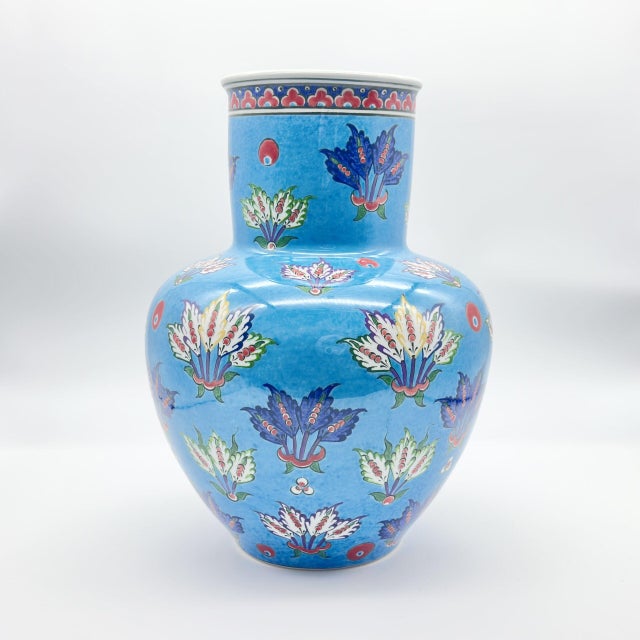 Ceramic Handmade Ceramic Vase (30cm) – Turquoise “Firuze” Blue with Stylized Fan Flowers – Ottoman Palmette Design For Sale - Image 7 of 8