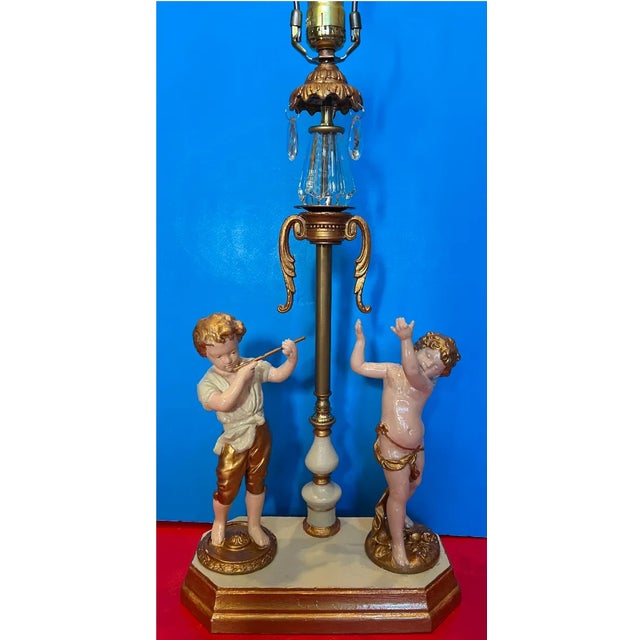 Antique Spelter Table Lamp Boy Playing Flute and Cherub For Sale In New York - Image 6 of 12