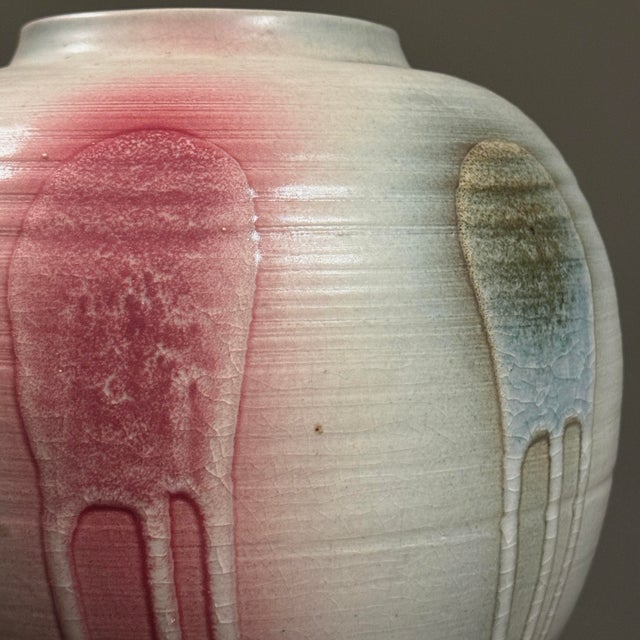 Vintage Japanese Postmodern Vase With Green/Blue and Red Crackle Glaze Detail, Signed For Sale - Image 4 of 6