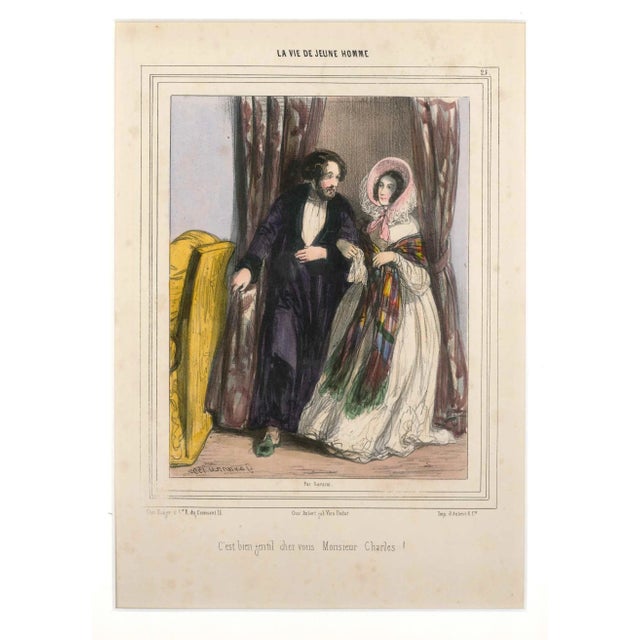 Colored lithograph with pouchoir details. Beautiful satiric illustration by the French draftsman Paul Gavarni (alias...