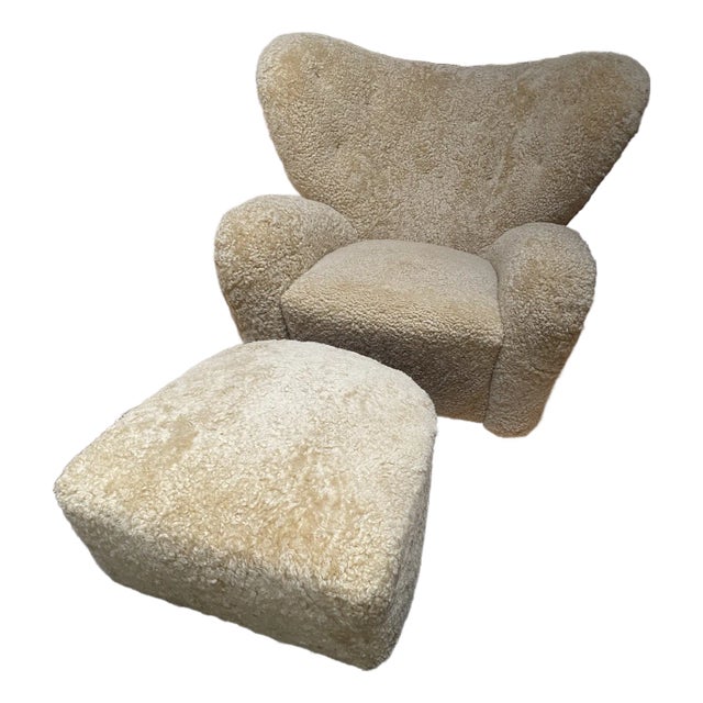“The Tired Man” Lounge Chair & Ottoman by Flemming Lassen for Audo Copenhagen – Sheepskin Upholstery For Sale