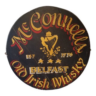 Antique McConnell's Old Irish Whiskey Wooden Round Barrel Lid Sign For Sale