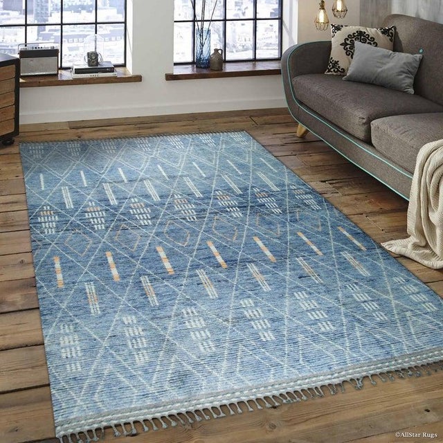 Cornflower Blue 8x10 Blue Hand-Knotted Wool Diamond Lattice Tribal Modern Carpet Rug For Sale - Image 8 of 8