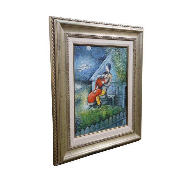 Vintage oil painting on burlap canvas titled The Lovers after Marc Chagall. Marc Chagall (1887–1985), a Russian-French...