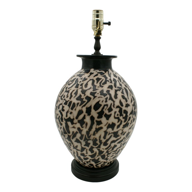 Late 20th Century Black & Ivory Geometric Chulucanas Pottery Lamp – Handcrafted Peruvian Art Lg Tribal Vase For Sale