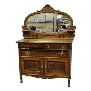 **Antique Tiger Oak Victorian Buffet** Mirror W/ Carvings**OBO** For Sale