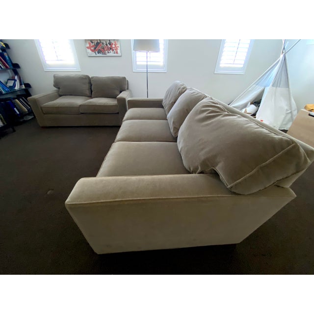 Transitional Restoration Hardware Maxwell Studio Sofa and Loveseat Set- Plus Crate and Barrel Glass Steel Coffee Table For Sale - Image 3 of 8