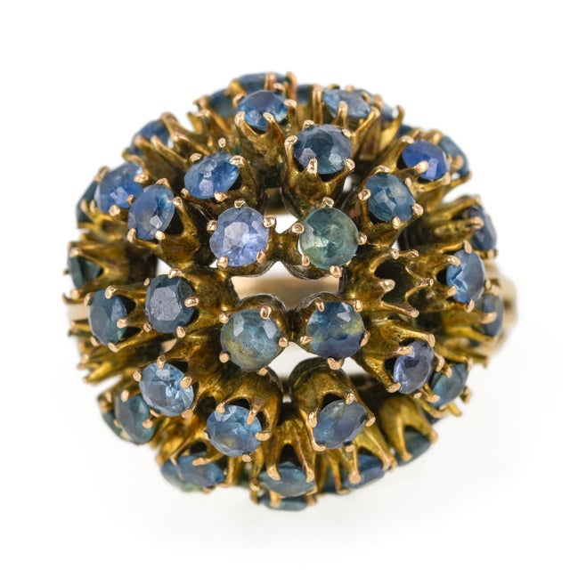 Modern 10k Yellow Gold Blue Topaz Cluster Ball Cocktail Ring Vintage For Sale - Image 3 of 7