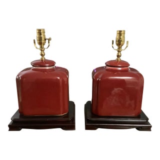 Chinoiserie Red Ginger Jar Lamps on Wooden Base, a Pair For Sale