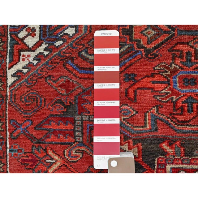 1960 7'10"x10'7" Red Centre Geometric Element Pure Wool Vintage Worn Down Clean Rug For Sale - Image 11 of 12