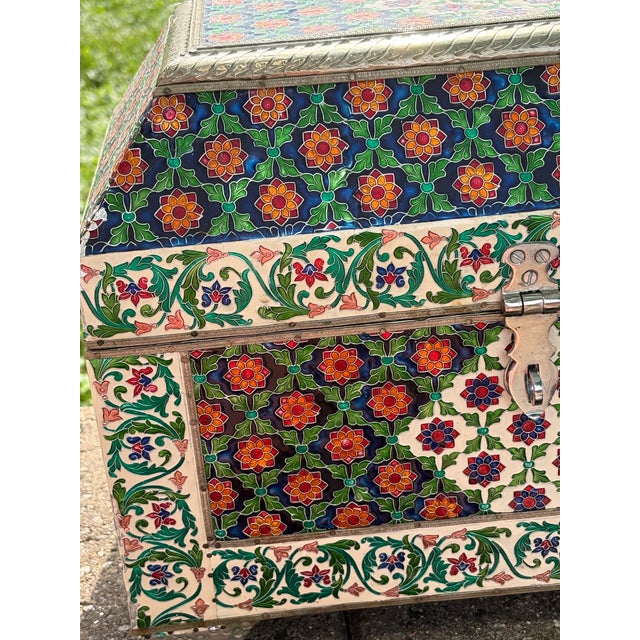 Rare Enamel on Metal Handcrafted Decor Box ( Hinged) Enamel All-Over Silver Trim Wood Interior For Sale In Chicago - Image 6 of 7