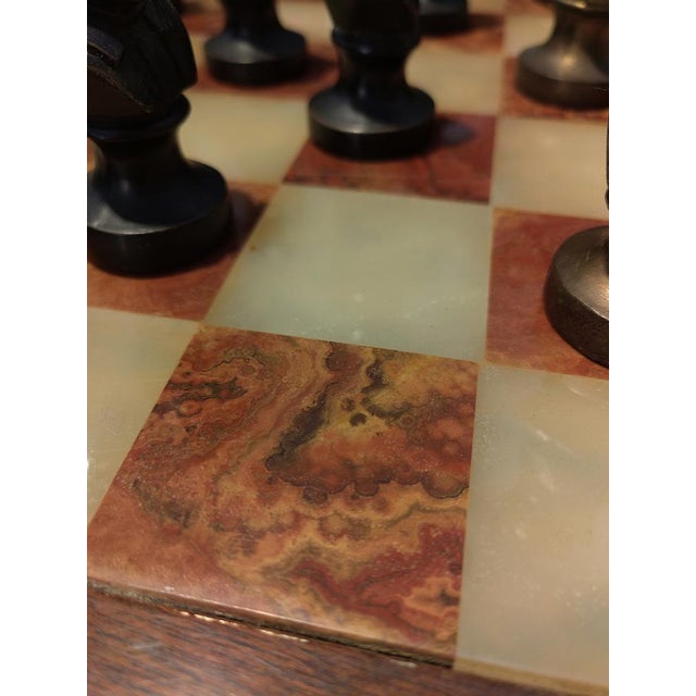 Rosewood Chess Table with Marble Top and Chess Set in Brass and Bronze, 1930s For Sale - Image 11 of 15