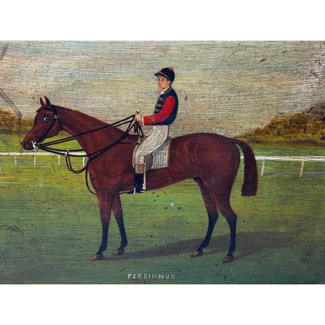 Antique English Naïve Oil Painting of Racehorse Persimmon with Jockey Jack Watts, Royal Thoroughbred Portrait, Circa 1898...
