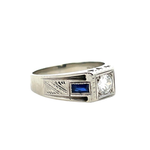 Blue Antique Art Deco 18k Gold Diamond & Sapphire Ring, Size 9 For Sale - Image 8 of 9