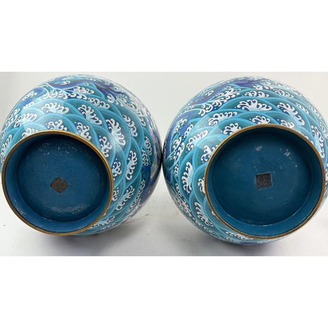 Monumental Pair of Chinese Cloisonne Enamel Blue and White Dragons Vases For Sale - Image 14 of 16