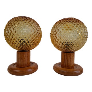 Mid-Century Modern Table Lamps with Amber Glass and Wood Base, Czechoslovakia, 1980, Set of 2 For Sale