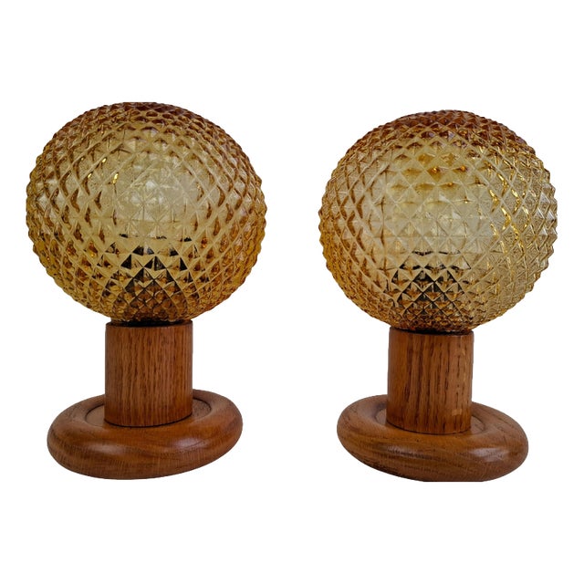 Mid-Century Modern Table Lamps with Amber Glass and Wood Base, Czechoslovakia, 1980, Set of 2 For Sale