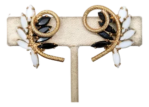 Vintage Signed Napier Faux-Onyx & White Marquise Rhinestone Clip Earrings-2 Pieces