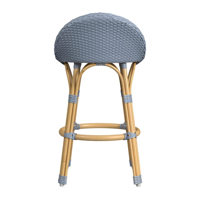 Tobias 24.5 in. Seat Height Outdoor Rattan and Metal Low Back Counter Stool, Baby Blue/ Natural Rattan Frame For Sale In Chicago - Image 6 of 8