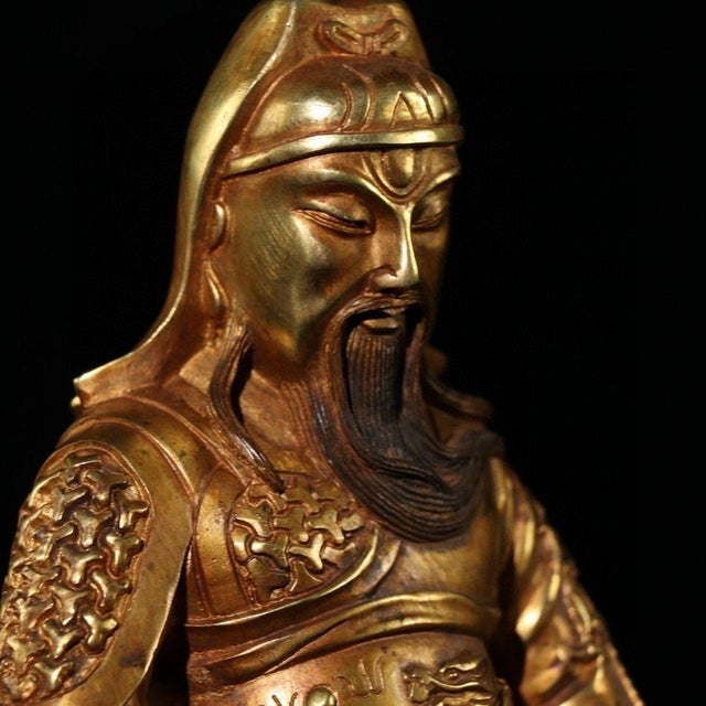 Brass Vintage Gilt Brass Seated Guan Gong Statue, Chinese God of War & Wealth Decor Sculpture For Sale - Image 8 of 9