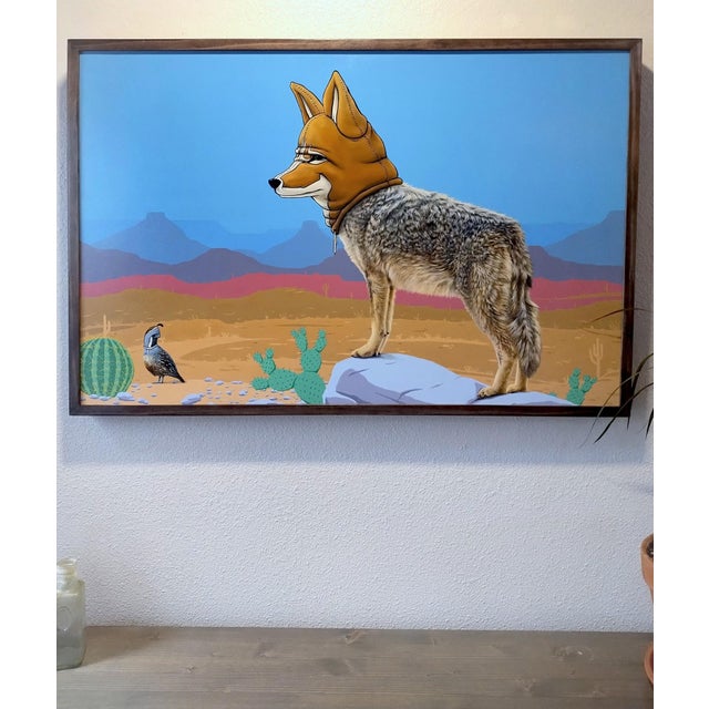 Wood Masks We Wear, Overtaking the Past by 3rd Version (Ben Patterson) | Oil on masonite panel Coyote in a mask standing in a desert landscape. For Sale - Image 7 of 10