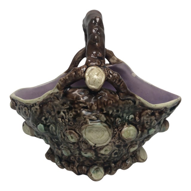Antique English Majolica Tree Bark Basket For Sale