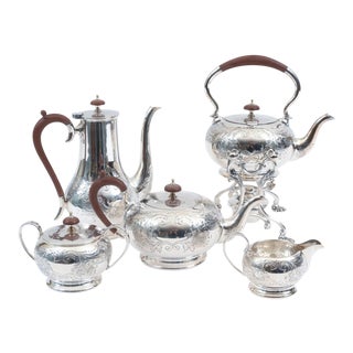 English Silver Plate With Wood Handle Five-Piece Tea or Coffee Service For Sale