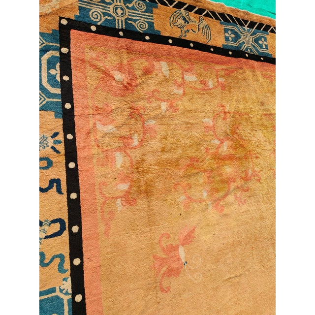 Amber Outstanding Orange-Amber Open Field With Asymmetric Details in a Floral Pattern Antique Chinese Peking Rug For Sale - Image 8 of 8